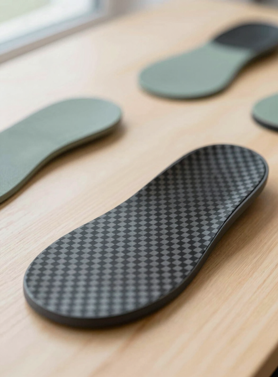 Macro shot of modern orthotic materials and carbon fiber foot plates on a clean wooden worktable, soft natural morning light, depth of field