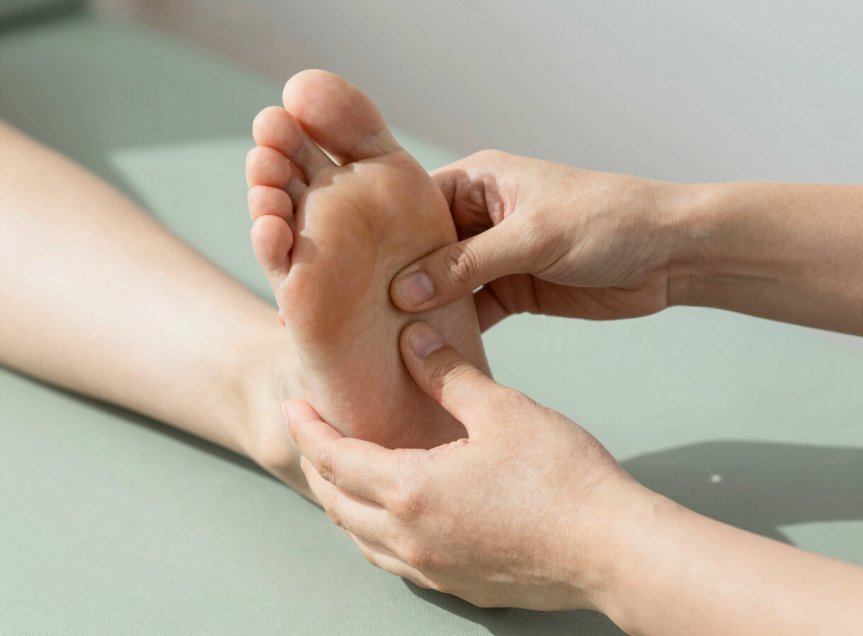 Close-up of therapeutic hands-on technique guiding a foot through biomechanical range-of-motion exercises, natural daylight, soft shadows, 35mm