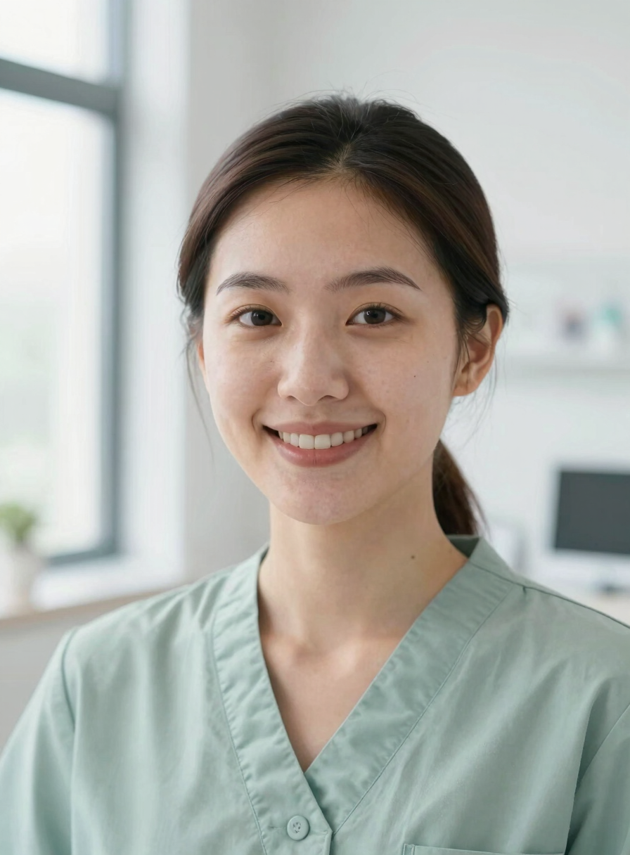 Close-up portrait of a professional female podiatrist in a bright, modern, daylight-filled clinic, smiling warmly, soft sage tones, 35mm photography