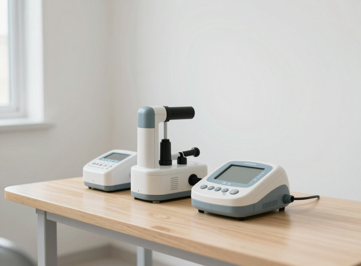 Minimalist modern clinical environment showing biomechanical measurement devices on a clean wooden table, bright daylight, 35mm