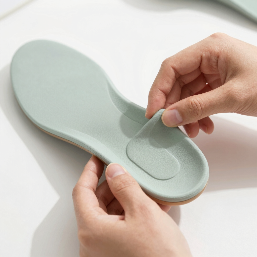Macro shot of hands adjusting a custom orthotic insole, bright natural daylight, soft shadows, clinical-editorial style